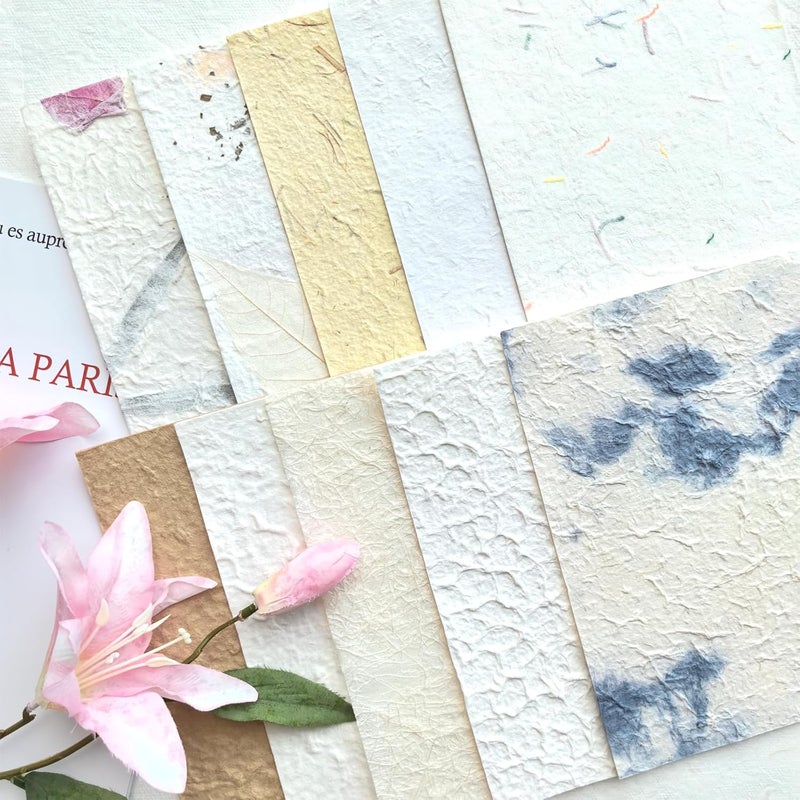 Flartmo 10 Desingns Handmade Textured Paper, 8.2"x5.9" Thick Mulberry Paper with Real Botanical, Multicolor Embossed Craft Sheets for Card Making, Scrapbooking, Junk journal, Invitations, Watercolor, Printing - Image 3